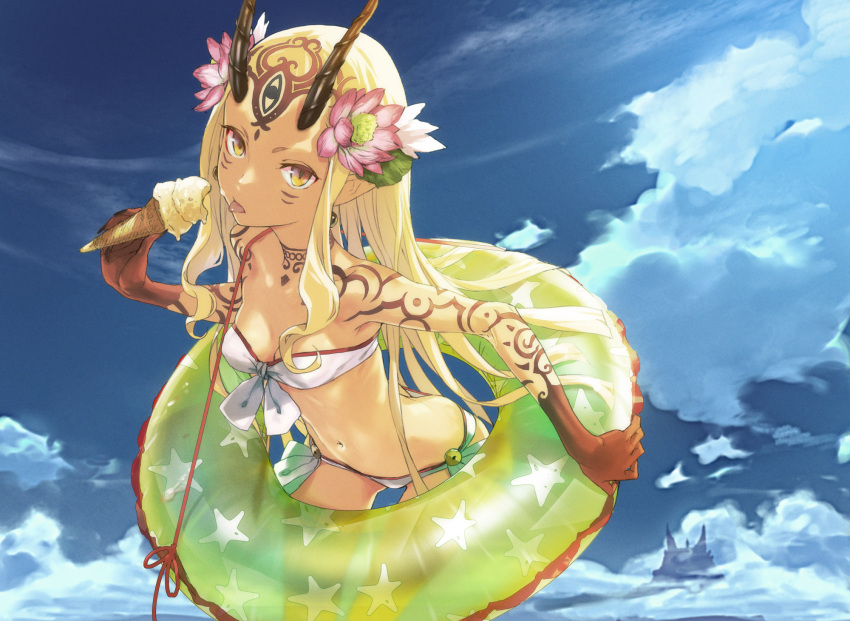 1girl :p bandeau bare_shoulders bikini blonde_hair blue_sky breasts butt_crack cleavage clouds cloudy_sky commentary_request cowboy_shot day earrings facial_mark fate/grand_order fate_(series) flower food from_above front-tie_bikini front-tie_top gluteal_fold hair_flower hair_ornament highres horns ibaraki_douji_(fate/grand_order) ice_cream ice_cream_cone innertube jewelry leaning_forward long_hair looking_at_viewer looking_up navel redjuice revision side-tie_bikini sidelocks sky small_breasts solo swimsuit tattoo tongue tongue_out very_long_hair yellow_eyes