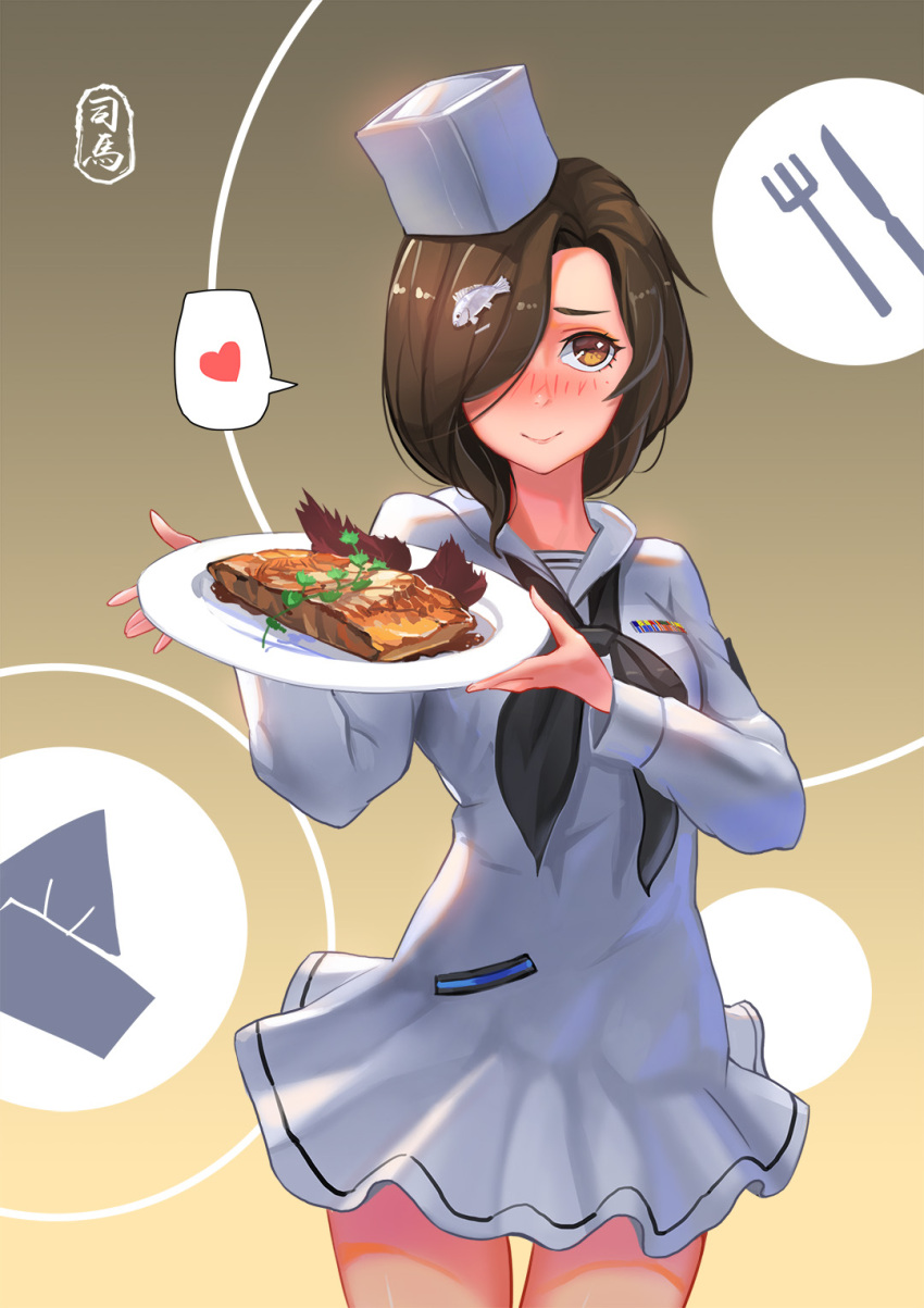 1girl black_neckerchief blush breasts brown_eyes brown_hair character_request closed_mouth copyright_request fork hair_over_one_eye hat heart highres holding holding_plate knife large_breasts looking_at_viewer neckerchief plate sima_naoteng smile solo speech_bubble spoken_heart white_hat