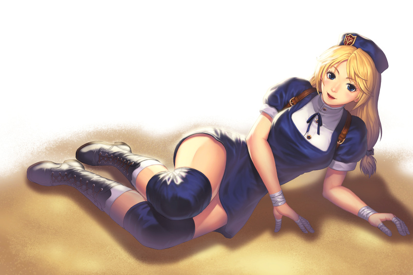 1girl bandage black_boots blonde_hair blue_eyes blush boots breasts cross-laced_footwear full_body hat highres knee_pads lace-up_boots long_hair looking_at_viewer low_twintails lying medium_breasts on_side parted_lips puffy_short_sleeves puffy_sleeves shijou_hinako short_sleeves smile solo the_king_of_fighters turna98 twintails
