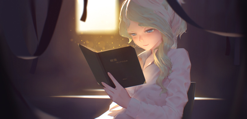 1girl backlighting blonde_hair blue_eyes blurry blurry_background book chair depth_of_field diana_cavendish highres indoors light light_particles lipgloss lips little_witch_academia maredoro multicolored_hair open_collar reading shirt sitting smile solo two-tone_hair white_shirt window
