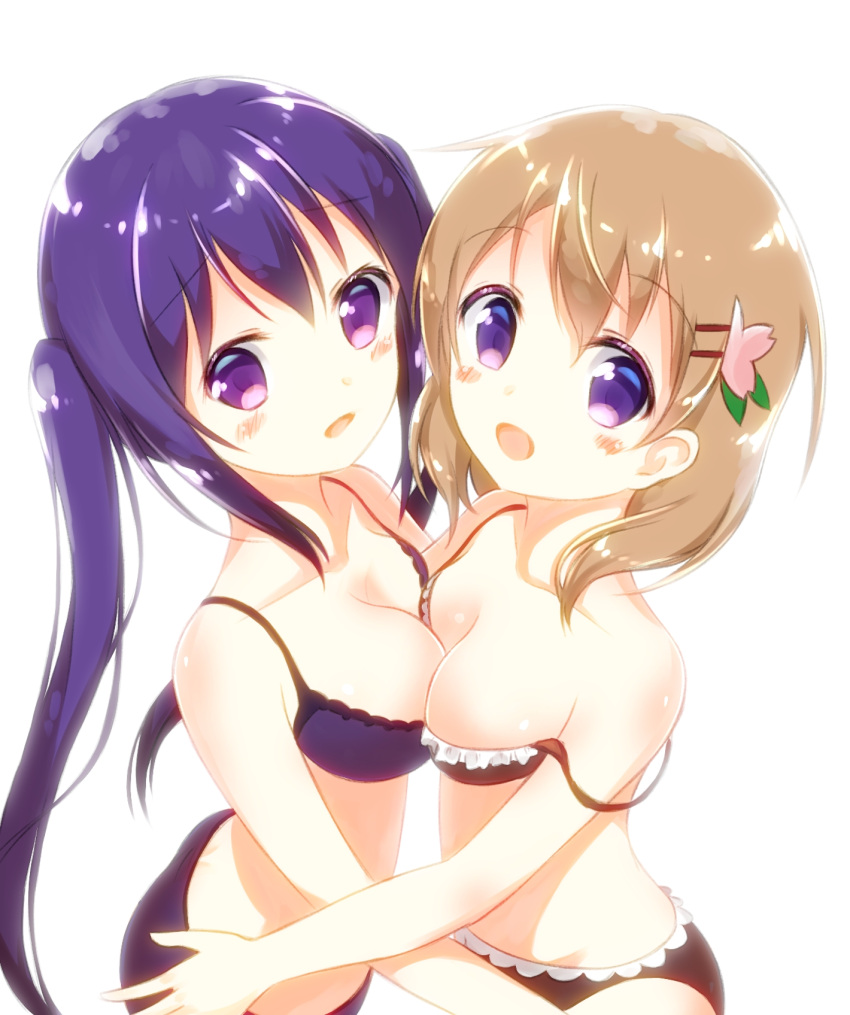 2girls :d aji_tama ass black_bra black_panties blue_hair blush bra breast_press breasts brown_hair cleavage collarbone eyebrows_visible_through_hair frilled_bra frilled_panties frills gochuumon_wa_usagi_desu_ka? hair_ornament highres long_hair looking_at_viewer medium_breasts multiple_girls off_shoulder open_mouth panties purple_bra purple_panties sideboob simple_background smile symmetrical_docking tedeza_rize twintails underwear underwear_only very_long_hair violet_eyes white_background yuri