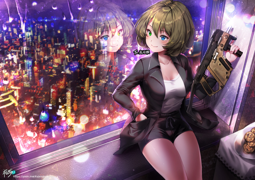 10s 1girl absurdres blue_eyes blush breasts chinese chocolate_chip_cookie cleavage closed_mouth cookie eyebrows_visible_through_hair food green_eyes green_hair gun hand_in_pocket highres holding holding_gun holding_weapon idolmaster idolmaster_cinderella_girls kriss_vector kyjsogom large_breasts looking_away mole mole_under_eye short_shorts shorts sitting smile solo takagaki_kaede weapon