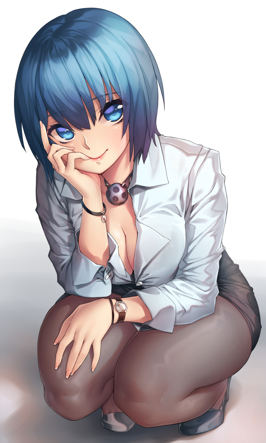1girl absurdres ball_gag blue_eyes blue_hair breasts brown_legwear chin_rest cleavage closed_mouth gag hair_between_eyes hand_on_own_cheek high_heels highres lips long_sleeves looking_at_viewer medium_breasts office_lady open_clothes open_shirt original pantyhose shirt short_hair skirt smile solo squatting watch watch wristband yin-ting_tian