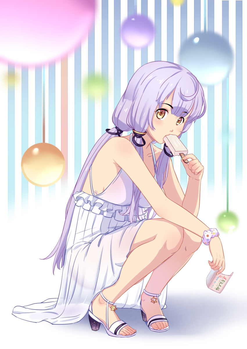 1girl ahoge blush breasts dongqing_zaozigao eyebrows_visible_through_hair food high_heels highres long_hair looking_at_viewer medium_breasts popsicle purple_hair quad_tails sideboob small_stellated_dodecahedron solo squatting star star-shaped_pupils symbol-shaped_pupils vocaloid vocanese xingchen yellow_eyes