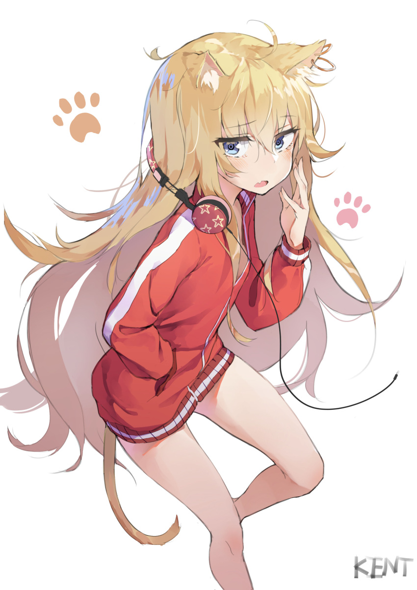 10s 1girl absurdres animal_ears blonde_hair blue_eyes blush cat_ears cat_tail gabriel_dropout hand_in_pocket headphones headphones_around_neck highres jacket kentllaall long_hair looking_at_viewer open_mouth paw_print simple_background solo tail tenma_gabriel_white track_jacket white_background