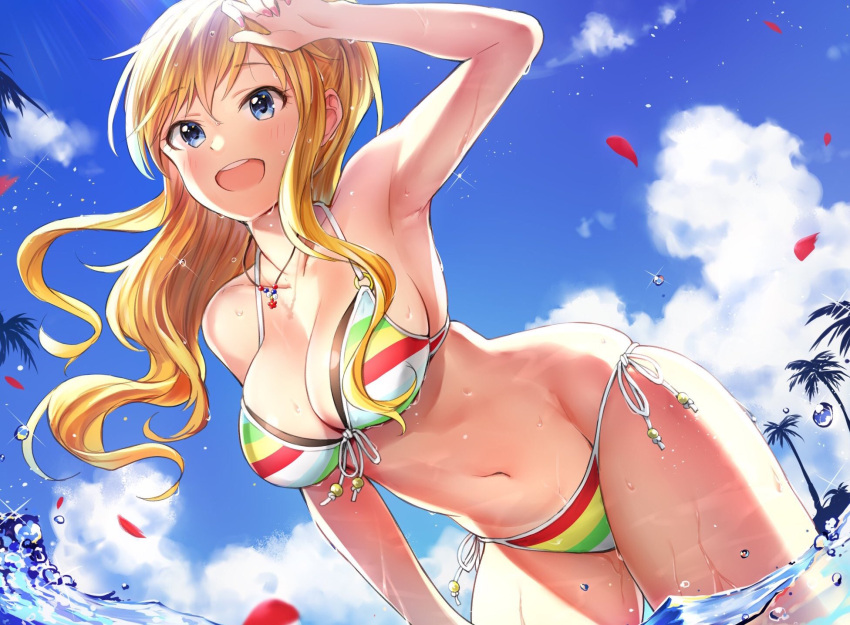 10s 1girl armpits bare_arms bare_legs bikini blonde_hair blue_eyes blue_skirt breasts cleavage clouds cloudy_sky halter_top halterneck highres idolmaster idolmaster_cinderella_girls jewelry large_breasts leaning_forward long_hair navel necklace ootsuki_yui open_mouth palm_tree side-tie_bikini skirt sky smile solo standing stomach striped striped_bikini summer sunlight swimsuit takeya_y0615 tree wading water wavy_hair