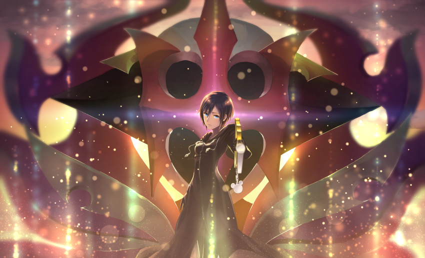 1girl black_coat black_coat_(kingdom_hearts) black_hair blue_eyes blurry commentary_request depth_of_field dual_persona gogo_(detteiu_de) highres keyblade kingdom_hearts kingdom_hearts_358/2_days light_particles looking_at_viewer pointing_weapon sad short_hair spoilers sunset xion_(kingdom_hearts)