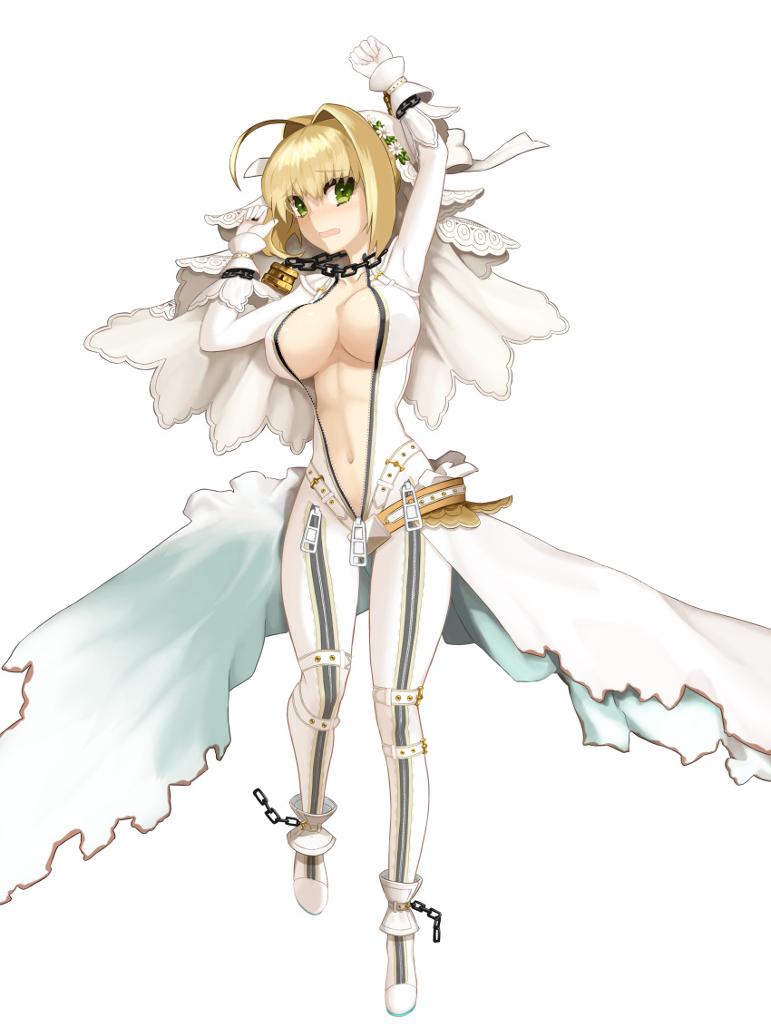 10s 1girl absurdres arm_up bangs belt blonde_hair blush bodysuit breasts chains cleavage dh_ead dress eyebrows_visible_through_hair fate/extra fate/extra_ccc fate_(series) full_body gloves green_eyes hair_intakes hand_up highres large_breasts lock looking_at_viewer open_mouth padlock saber_bride saber_extra showgirl_skirt sidelocks simple_background skirt solo standing unzipped veil wavy_mouth white_background white_dress white_gloves white_skirt zipper