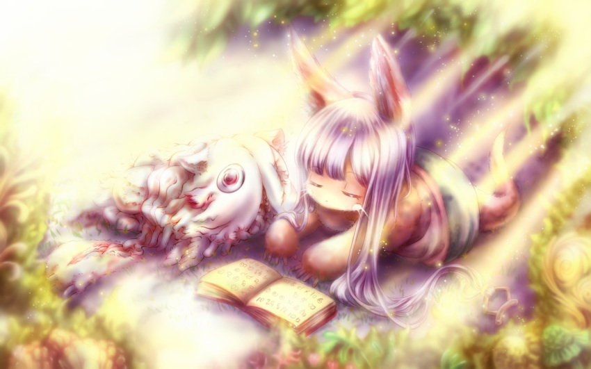 1girl animal_ears blurry book closed_eyes commentary_request creature depth_of_field eyebrows_visible_through_hair full_body furry lavender_hair long_hair lying made_in_abyss mitty_(made_in_abyss) nanachi_(made_in_abyss) on_stomach open_book open_mouth plant red_eyes sunlight tail very_long_hair whiskers yunomoto_chihiro