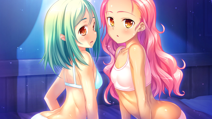2girls alternate_hairstyle arched_back ass bra breasts brown_eyes butt_crack dark_skin flat_chest game_cg green_hair kantaka koihime_musou kyocho long_hair messy_hair multiple_girls official_art open_mouth panties pink_bra pink_hair pink_panties small_breasts ten'i training_bra underwear underwear_only upper_body