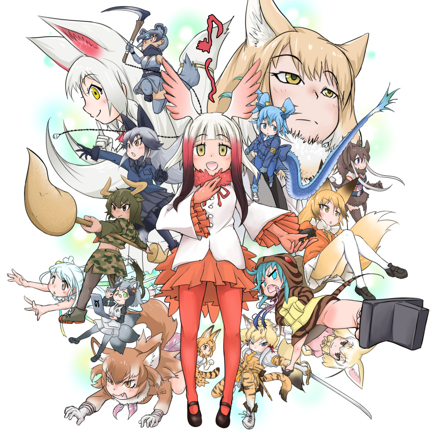 6+girls absurdres animal_ears character_request commentary_request doitsuken everyone eyebrows_visible_through_hair fennec_(kemono_friends) highres holding holding_weapon japanese_crested_ibis_(kemono_friends) kamaichi_(kemono_friends) kemono_friends mammoth_(kemono_friends) multiple_girls musical_note oinari-sama_(kemono_friends) pose projected_inset serval_(kemono_friends) simple_background spoken_musical_note tail tibetan_sand_fox_(kemono_friends) weapon white_background