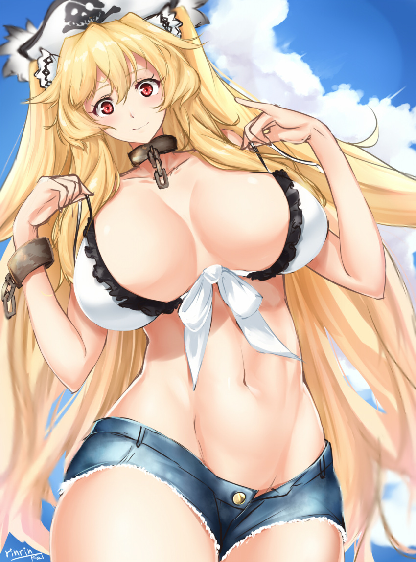 1girl anne_bonny_(fate/grand_order) anne_bonny_(swimsuit_archer)_(fate) bikini blonde_hair breasts denim denim_shorts fate/grand_order fate_(series) highres hips large_breasts long_hair looking_at_viewer looking_down navel red_eyes short_shorts shorts sky solo swimsuit thighs tokorotn very_long_hair white_bikini