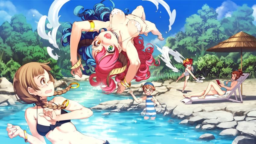 5girls alexander_(eiyuu_senki) aristotle_(eiyuu_senki) armlet bikini blonde_hair blue_hair blue_swimsuit book bracelet braid breasts brown_eyes brown_hair cleavage clouds cloudy_sky cook_(eiyuu_senki) eiyuu_senki eiyuu_senki_gold game_cg glasses green_eyes hair_ornament hair_ribbon heterochromia horns inou_tadataka jewelry legs long_hair lying magellan_(eiyuu_senki) multicolored_hair multiple_girls navel one-piece_swimsuit ooyari_ashito open_mouth orange_eyes outdoors parasol reading redhead ribbon short_hair sky striped striped_swimsuit sweatdrop swimsuit tears tree twin_braids umbrella water white_swimsuit