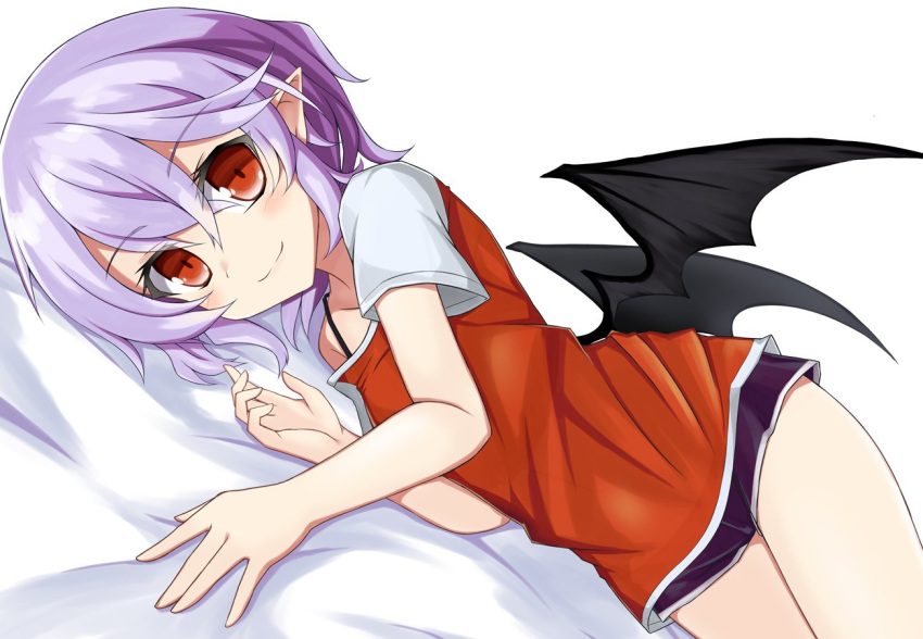 1girl akisome_hatsuka bare_arms bat_wings bed_sheet boyshorts closed_mouth hair_between_eyes lavender_hair looking_at_viewer lying on_side pointy_ears red_eyes remilia_scarlet shirt smile solo touhou wings
