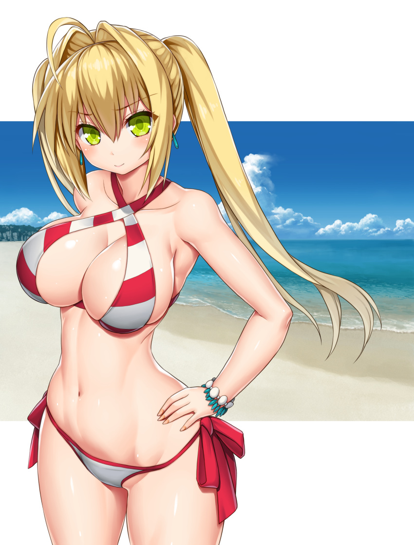 1girl absurdres ahoge asamura_hiori bangs beach bikini blonde_hair blush breasts cleavage closed_mouth collarbone cowboy_shot criss-cross_halter eyebrows_visible_through_hair fate/grand_order fate_(series) green_eyes hair_between_eyes hair_intakes halter_top halterneck hand_on_hip highres large_breasts long_hair looking_at_viewer navel nero_claudius_(swimsuit)_(fate) ocean saber_extra side-tie_bikini sidelocks smile solo swimsuit thighs tsurime twintails white_bikini