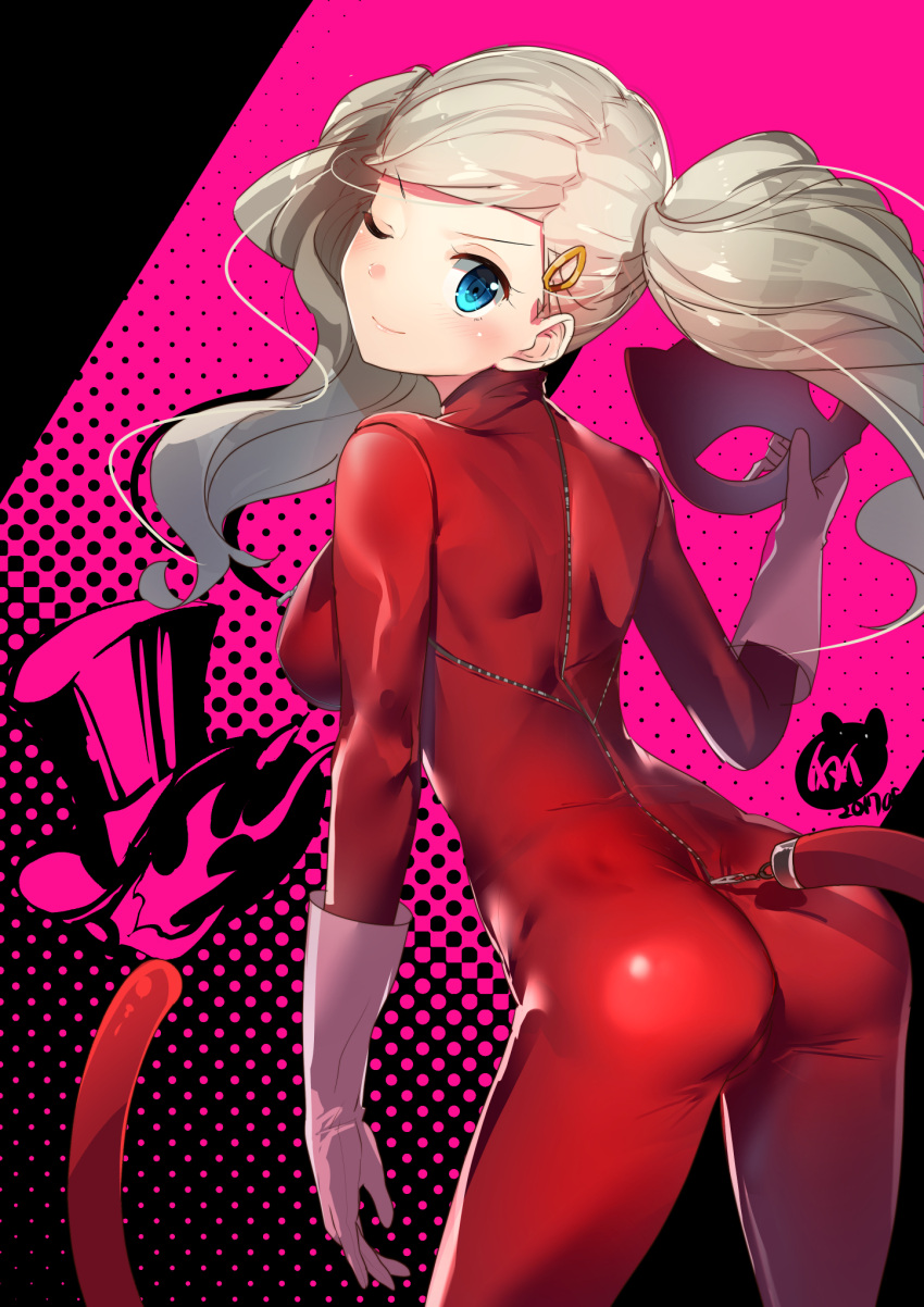 1girl ass blonde_hair blue_eyes bodysuit cat_tail commentary_request from_behind gloves hair_ornament highres long_hair looking_at_viewer looking_back mask mask_removed one_eye_closed persona persona_5 red_bodysuit smile solo tail takamaki_anne twintails white_gloves yamacchi