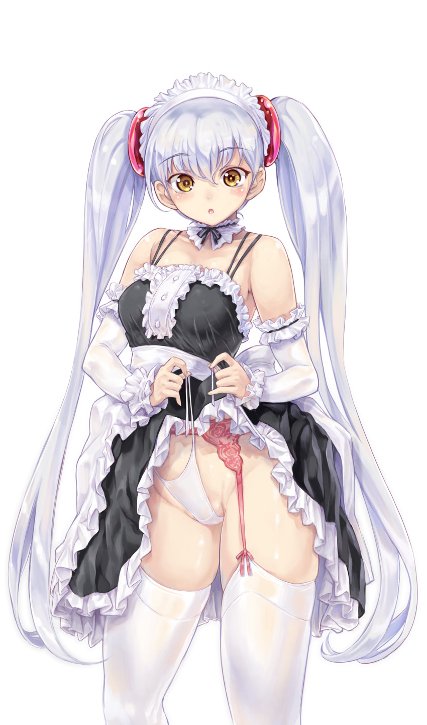 1girl absurdres bare_shoulders blush breasts brown_eyes detached_sleeves garter_belt garter_straps highres hoshino_ruri kidou_senkan_nadesico kiyama_satoshi lifted_by_self long_hair looking_at_viewer maid_headdress panties parted_lips see-through_silhouette silver_hair simple_background skirt skirt_lift solo thigh-highs twintails underwear very_long_hair wet wet_clothes wet_panties white_background white_legwear white_panties