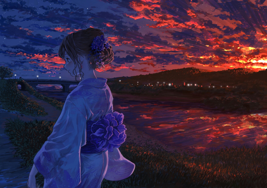 1girl clouds earrings flower hair_bun hair_flower hair_ornament highres japanese_clothes jewelry kimono nemoto_yuuma obi original river sash sky summer sunset yukata