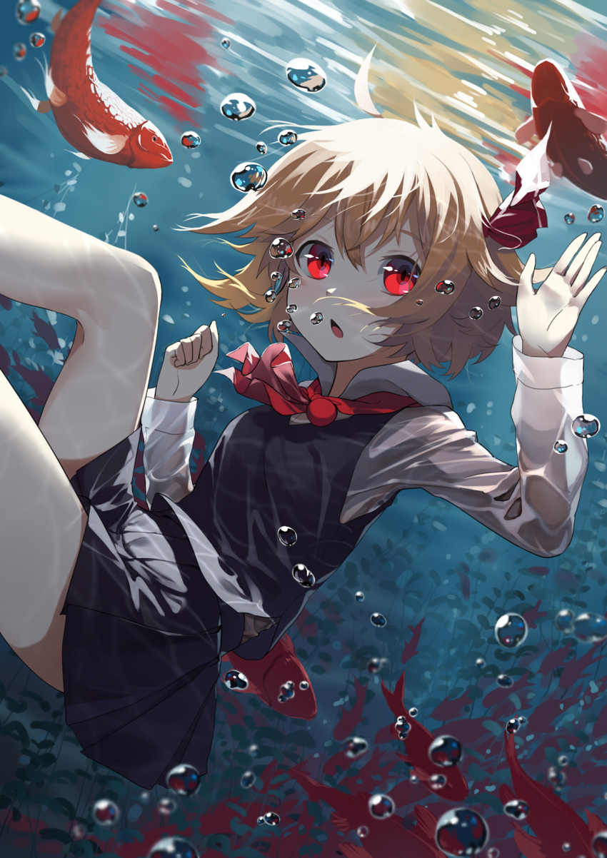 1girl :o air_bubble ascot bare_legs black_skirt blonde_hair bubble collared_shirt fish hair_ribbon highres long_sleeves looking_at_viewer miniskirt red_eyes red_ribbon ribbon rumia sh_(562835932) shirt short_hair skirt skirt_set solo touhou underwater vest white_shirt
