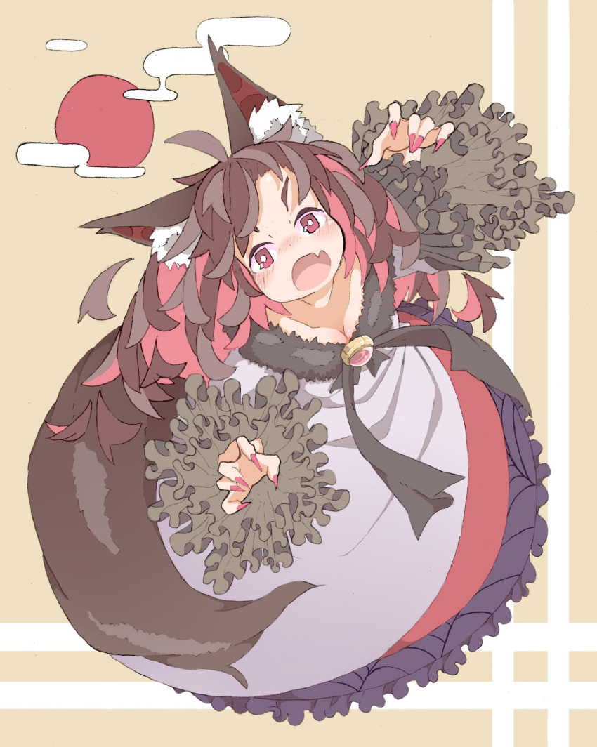 1girl ahoge animal_ears breasts bright_pupils brown_hair cleavage dress fang fingernails frilled_sleeves frills from_above full_body guwinomi highres imaizumi_kagerou long_fingernails long_hair long_sleeves medium_breasts multicolored_hair open_mouth pink_hair red_eyes sharp_fingernails solo tail touhou wolf_ears wolf_tail
