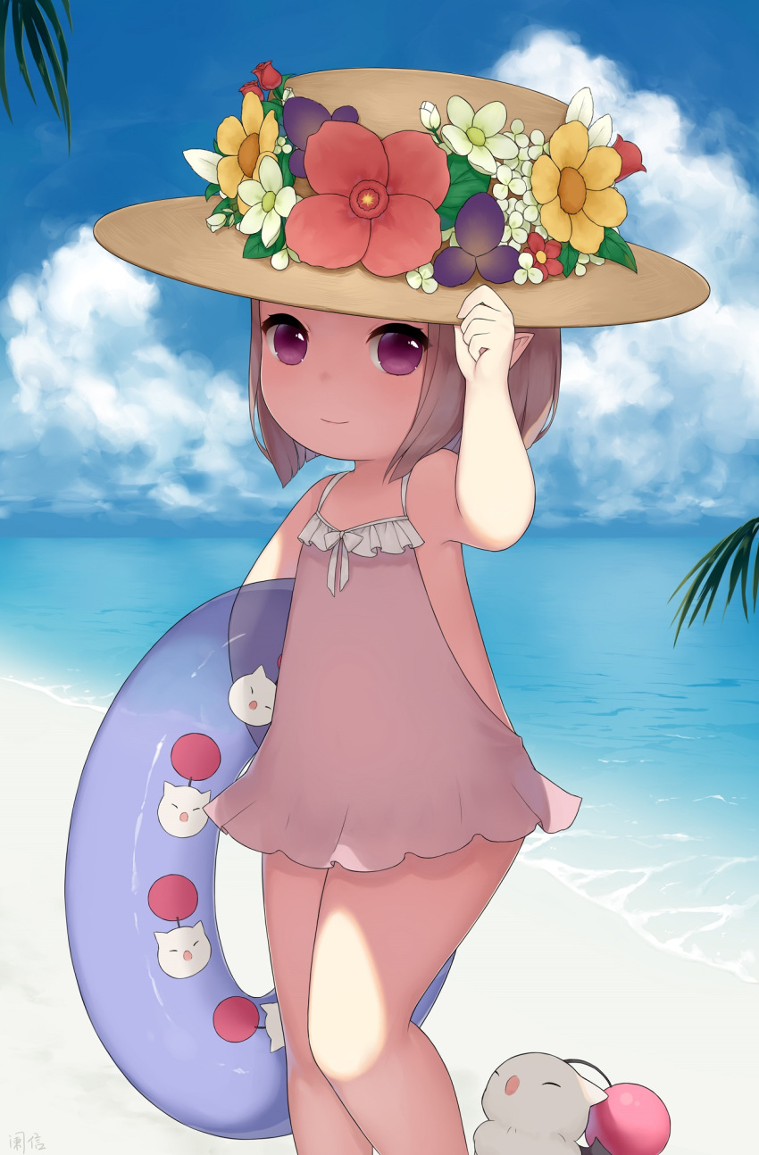 1girl arm_up armpits beach brown_eyes brown_hair casual_one-piece_swimsuit clouds final_fantasy final_fantasy_xiv flower hand_on_headwear hat hat_flower highres innertube lalafell moogle ocean one-piece_swimsuit outdoors pointy_ears short_hair sky smile solo sun_hat swimsuit swimsuit_skirt water