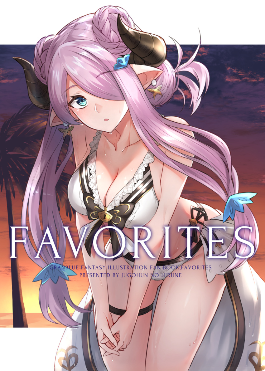 10s 1girl bangs beach bikini blue_eyes blush braid breasts cleavage collarbone cover cover_page cowboy_shot doraf double_bun doujin_cover earrings eyebrows_visible_through_hair frilled_bikini frills gen_(gen_7254) granblue_fantasy hair_ornament hair_over_one_eye highres horns jewelry large_breasts leaning_forward long_hair looking_at_viewer narumeia_(granblue_fantasy) outdoors parted_lips pointy_ears purple_hair sidelocks solo swimsuit thigh_strap thighs very_long_hair white_bikini