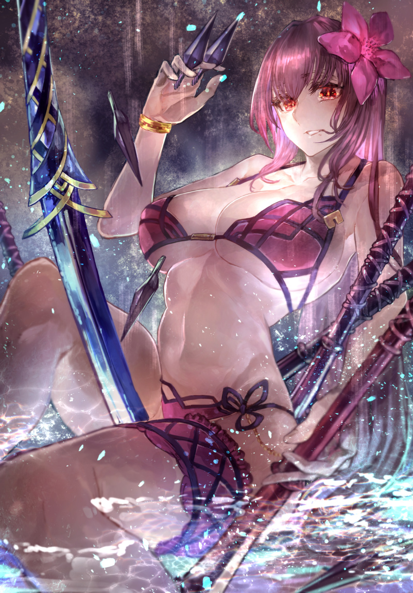 1girl bare_shoulders between_legs bikini breasts cleavage collarbone fate/grand_order fate_(series) flower hair_flower hair_in_mouth hair_ornament highres kunai large_breasts long_hair navel open_mouth partially_submerged polearm purple_hair red_eyes scathach_(fate/grand_order) scathach_(swimsuit_assassin)_(fate) side-tie_bikini signo_aaa sitting solo spear swimsuit thigh_strap weapon