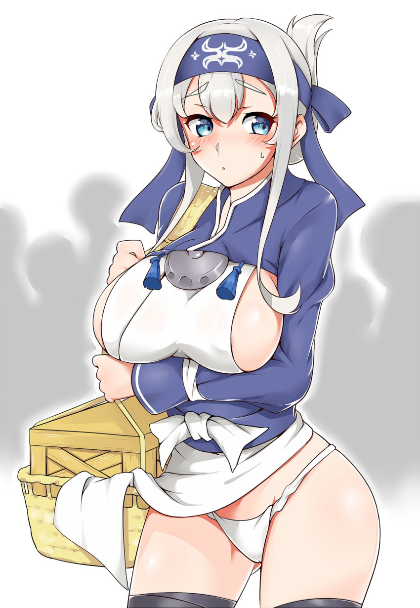 1girl ainu_clothes aoi_renji bandage basket black_legwear blue_eyes blue_headband blue_jacket bluh blush breasts crate cropped_jacket embarrassed eyebrows_visible_through_hair folded_ponytail fundoshi headband highres jacket japanese_clothes kamoi_(kantai_collection) kantai_collection large_breasts long_hair panties pantyshot pantyshot_(standing) pelvic_curtain sideboob silhouette silver_hair solo_focus standing sweat thick_eyebrows thigh-highs underwear upper_body