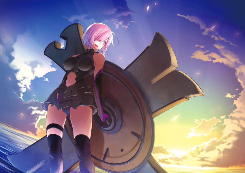 1girl :d armor bare_shoulders black_legwear blue_sky breasts clouds elbow_gloves fate/grand_order fate_(series) gloves gluteal_fold hair_over_one_eye navel nilitsu ocean open_mouth purple_hair shield shielder_(fate/grand_order) short_hair sky smile solo sunrise thigh-highs violet_eyes