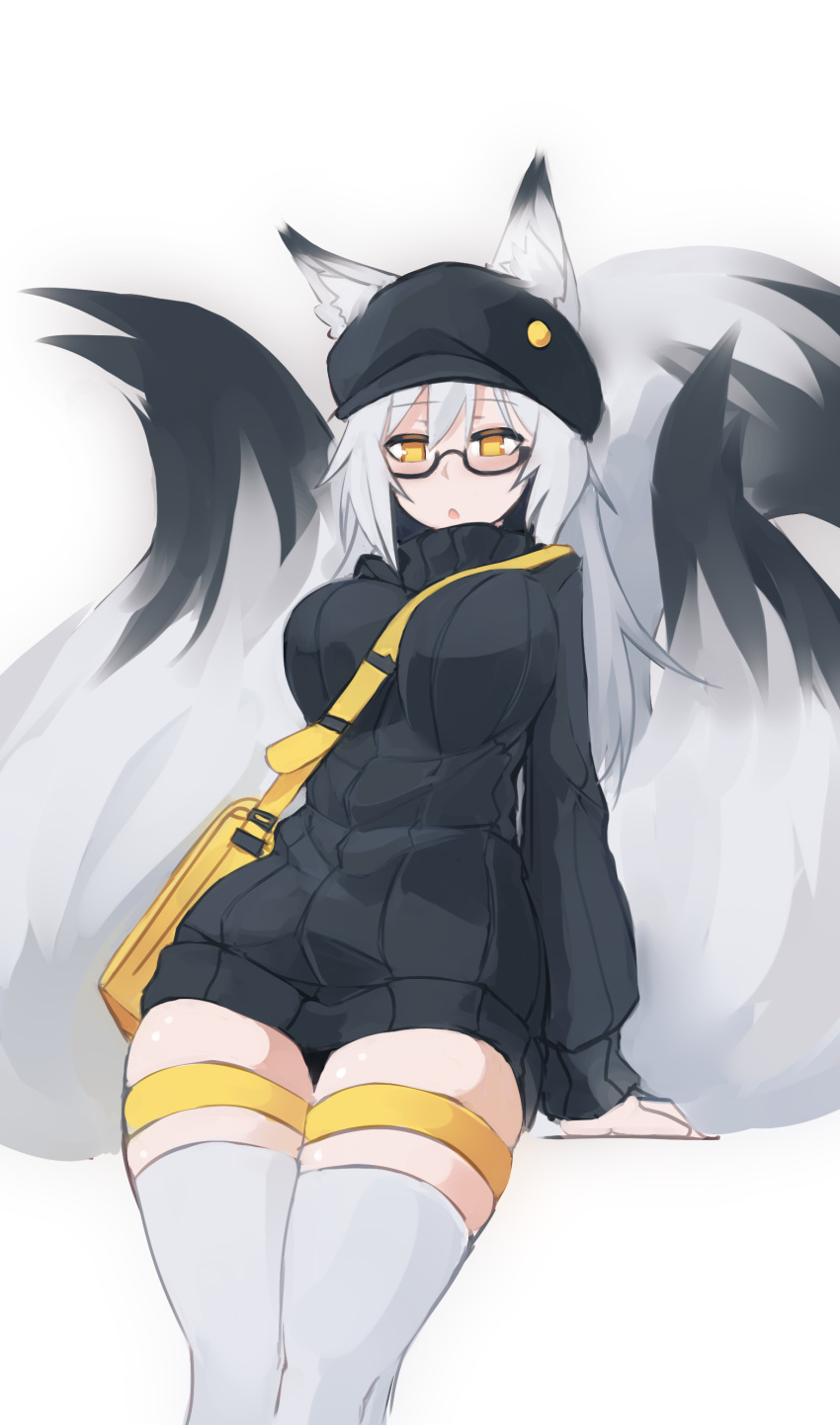 1girl :o absurdres animal_ears bag between_breasts black-framed_eyewear black_sweater breasts ears_through_headwear fox_ears fox_girl fox_tail glasses grey_hair hat highres large_breasts long_hair looking_at_viewer multiple_tails no_pants original ribbed_sweater semi-rimless_glasses simple_background solo sub-res sweater tail thigh-highs thigh_strap under-rim_glasses white_background white_legwear yellow_eyes