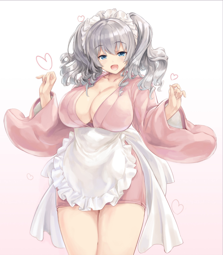 1girl :d alternate_costume apron bangs blue_eyes blush breasts cleavage collarbone commentary_request cowboy_shot enmaided highres japanese_clothes kantai_collection kashima_(kantai_collection) kimono kiyama_satoshi large_breasts long_sleeves looking_at_viewer maid maid_headdress open_mouth short_kimono silver_hair smile solo twintails waist_apron wavy_hair wide_sleeves