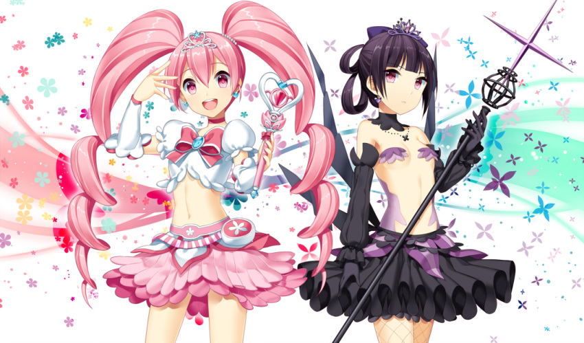 2girls :d bangs bare_shoulders black_gloves black_hair black_skirt blunt_bangs breasts character_request closed_mouth cowboy_shot crop_top detached_sleeves drill_hair earrings gloves holding holding_staff holding_wand jenevan jewelry long_hair long_sleeves looking_at_viewer magical_girl midriff multiple_girls navel open_mouth pink_eyes pink_hair pink_skirt revealing_clothes short_sleeves six_heart_princess skirt small_breasts smile staff tiara twin_drills twintails very_long_hair violet_eyes wand white_background