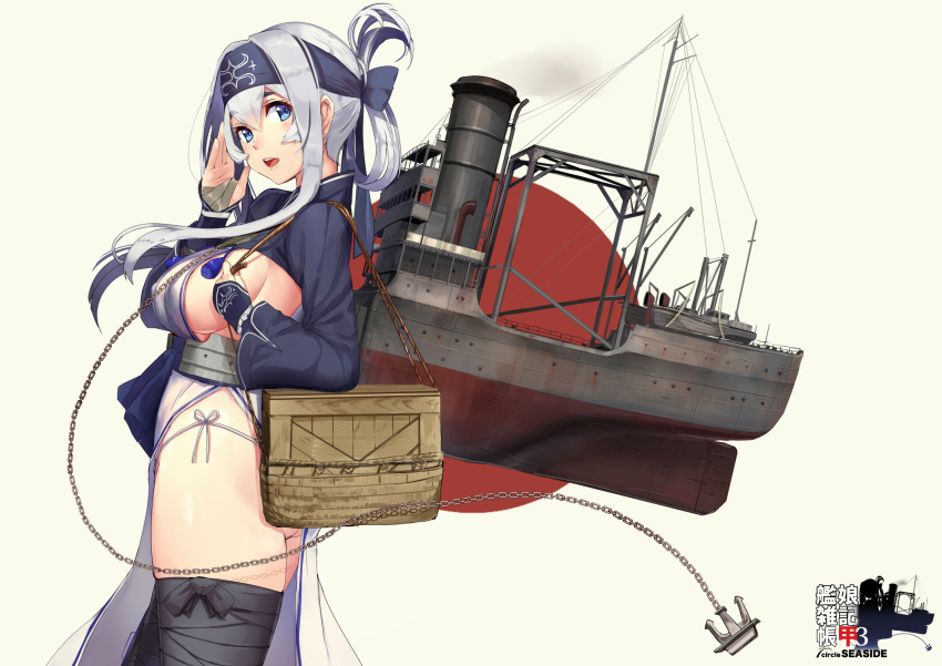 1girl ainu_clothes akasaai anchor ass bag bangs basket black_legwear blue_eyes breasts chains commentary_request cowboy_shot dress dutch_angle eyebrows_visible_through_hair fingerless_gloves from_side gloves grey_eyes hair_between_eyes hairband hands_up headband heart highres japanese_clothes kamoi_(kantai_collection) kantai_collection large_breasts looking_at_viewer obi open_mouth panties rigging sash short_hair_with_long_locks shoulder_bag side-tie_panties side_slit sideboob sidelocks silver_hair smile solo string_panties tabard thick_eyebrows thigh-highs thighs tied_hair underbust underwear white_hair
