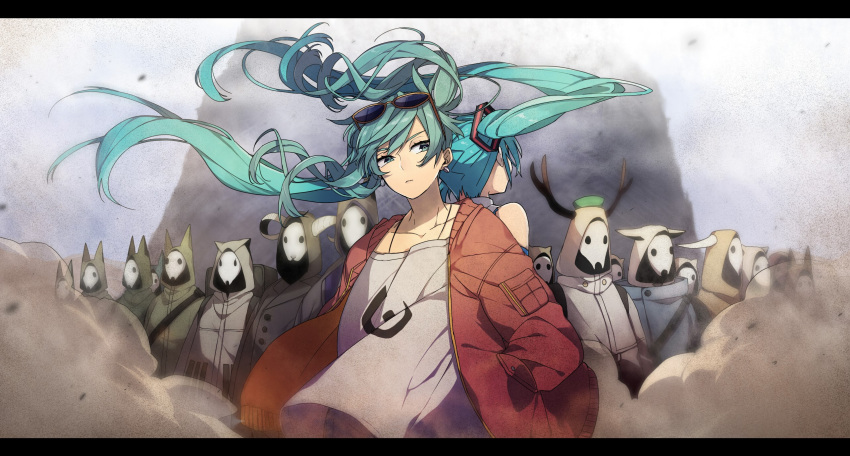 aqua_hair back-to-back blue_hair bomber_jacket coat dual_persona dust_cloud earrings green_eyes green_hair hands_in_pockets hatsune_miku highres hood hooded_jacket hoodie horns jacket jewelry letterboxed long_hair looking_at_another mask skull_mask sogawa66 suna_no_wakusei_(vocaloid) sunglasses sunglasses_on_head twintails vocaloid