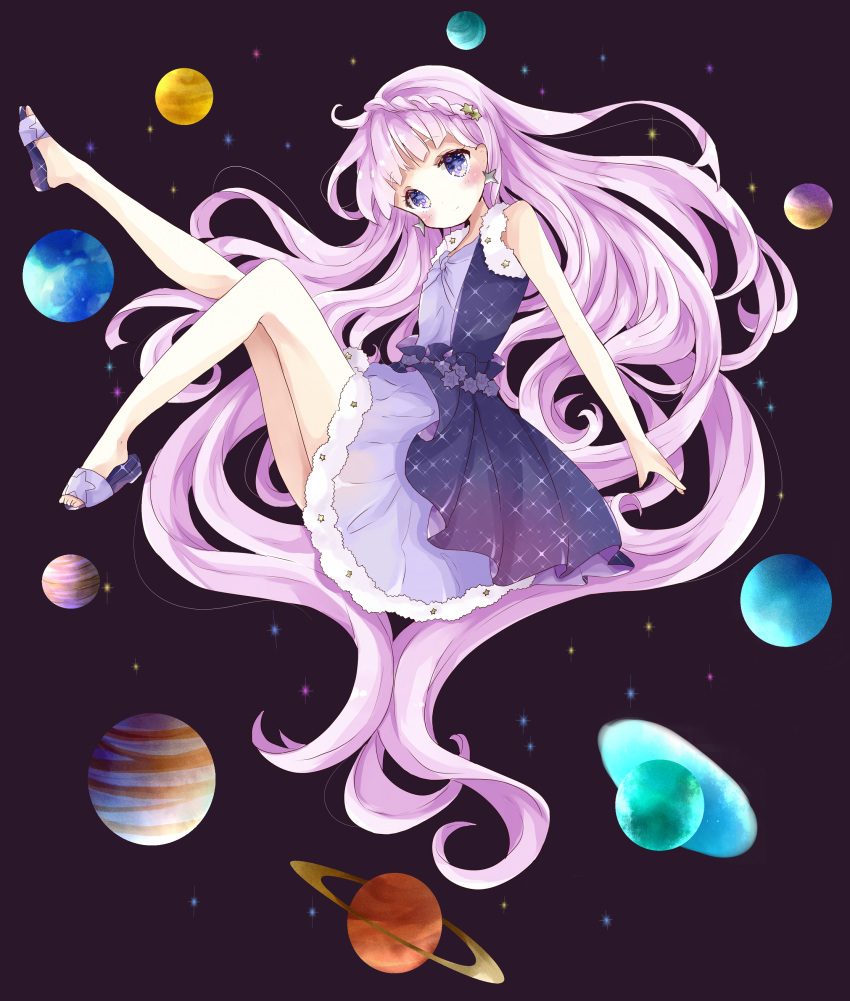 1girl absurdly_long_hair absurdres bangs bare_arms bare_legs bare_shoulders blunt_bangs blush braid commentary_request dress earrings earth eyebrows_visible_through_hair from_side fur-trimmed_dress highres jewelry jupiter jupiter_symbol light_smile long_hair looking_at_viewer looking_to_the_side mars_(planet) mars_symbol mercury_(planet) mercury_symbol neptune neptune_symbol original outstretched_arm pink_hair planet pluto_(planet) pluto_symbol purple_shoes sandals saturn saturn_symbol shoes sleeveless sleeveless_dress solo space star star_earrings starry_sky_print tsukiyo_(skymint) uranus uranus_symbol venus_(planet) venus_symbol very_long_hair violet_eyes