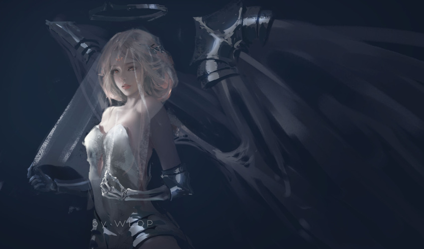 1girl artist_name bare_shoulders black_background blonde_hair bone commentary cowboy_shot dress facial_mark forehead_mark ghostblade halo highres lips looking_at_viewer nose parted_lips red_eyes simple_background solo veil wings wlop