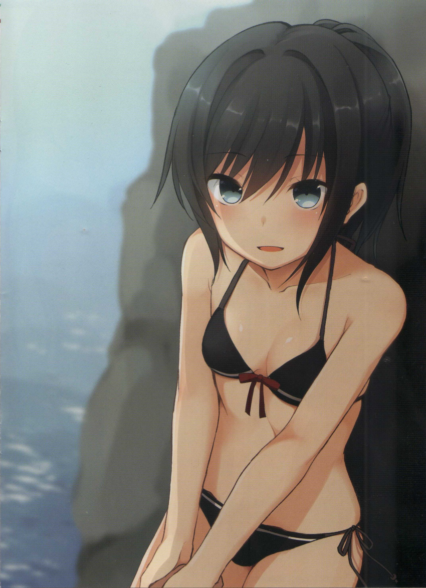 1girl :d absurdres alternate_hairstyle asashio_(kantai_collection) bikini black_bikini black_hair blue_eyes blush breasts cleavage collarbone cowboy_shot crease front-tie_top highres kantai_collection long_hair nagami_yuu open_mouth ponytail rock scan side-tie_bikini small_breasts smile solo swimsuit water