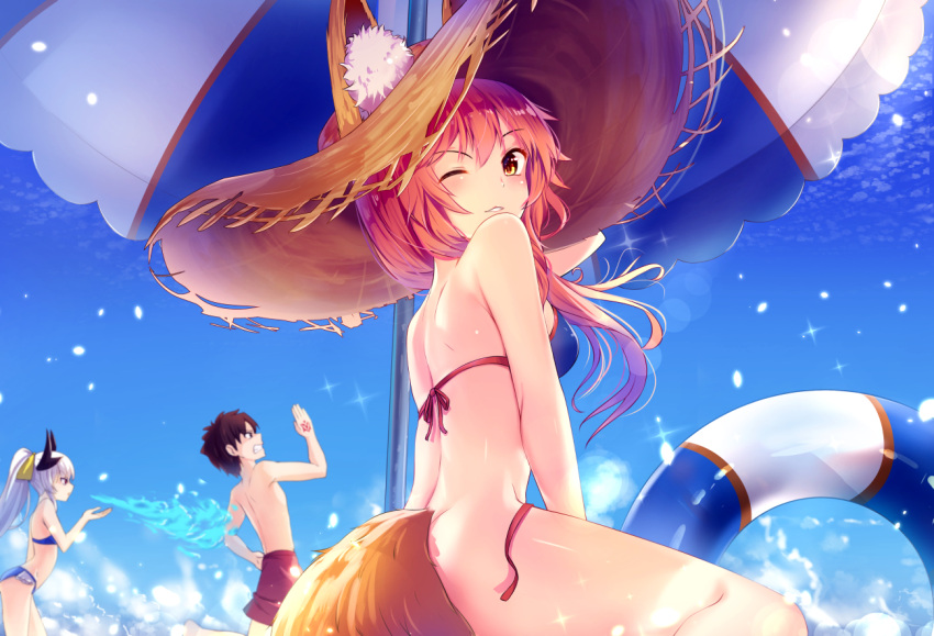 1boy 2girls animal_ears beach bikini black_hair blue_bikini blush clenched_teeth commentary_request day fate/grand_order fate_(series) fire fox_ears fox_tail from_side fujimaru_ritsuka_(male) hat horns innertube kiyohime_(fate/grand_order) long_hair looking_at_viewer multiple_girls one_eye_closed outdoors parted_lips pink_hair ponytail revision running shorts smile sparkle straw_hat sun_hat swimsuit tail tamamo_(fate)_(all) tamamo_no_mae_(swimsuit_lancer)_(fate) teeth thighs umbrella untied untied_bikini white_hair yan_(nicknikg) yellow_eyes