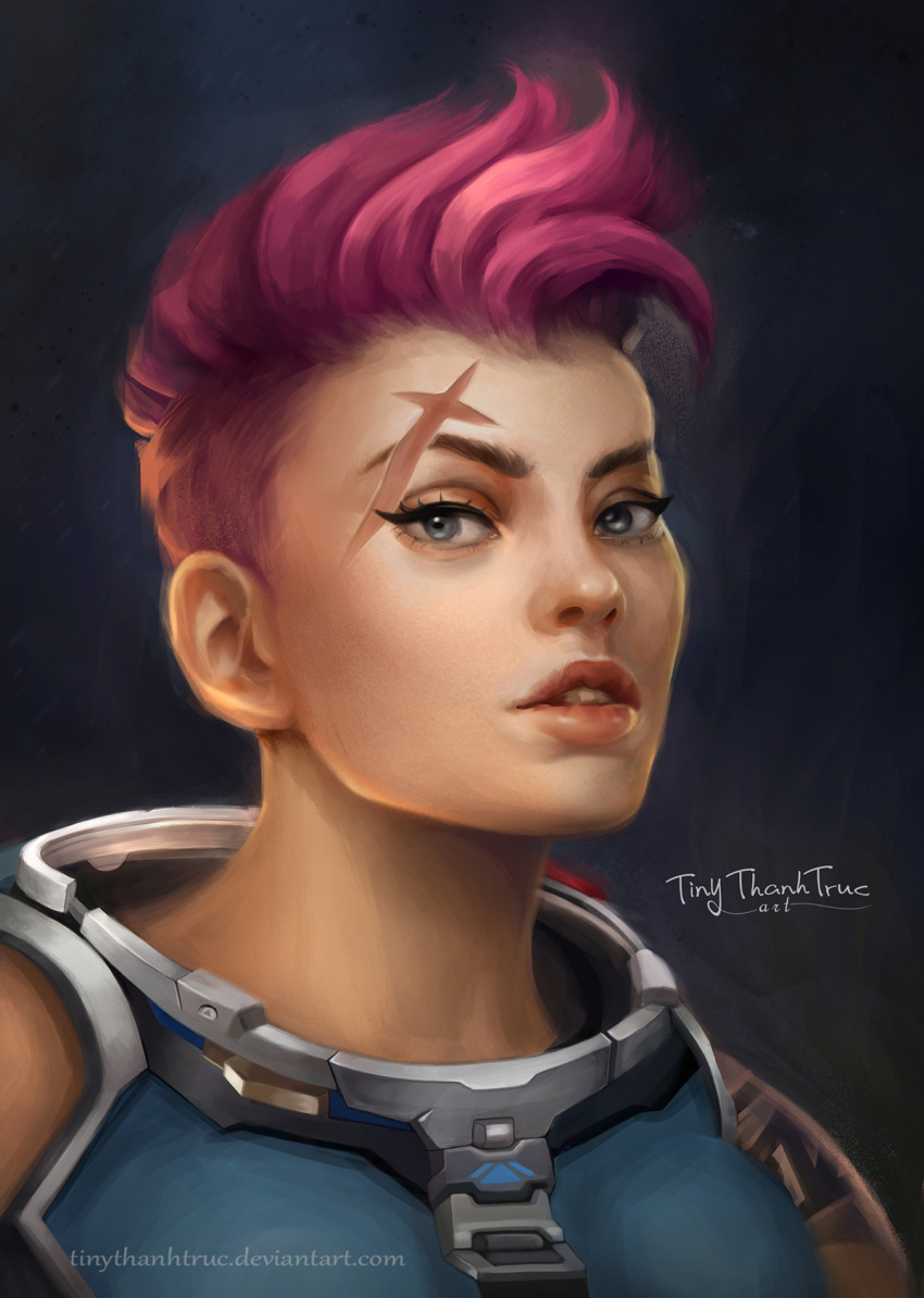 1girl artist_name blue_background dark_background ears eyelashes green_eyes grey_background highres lips looking_at_viewer nose overwatch parted_lips pink_hair portrait resized revision scar scar_across_eye short_hair signature solo tiny_thanh_truc upscaled watermark web_address zarya_(overwatch)