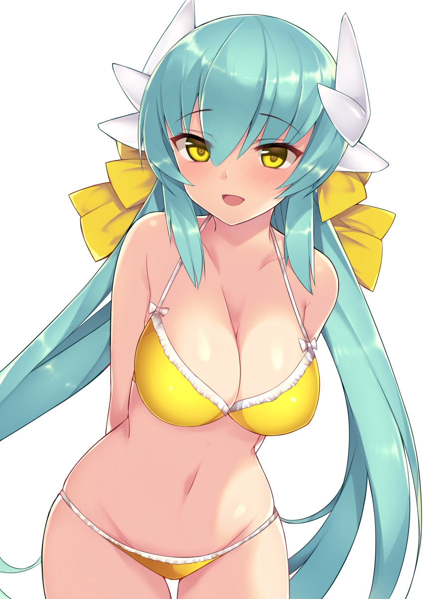 1girl :d absurdres aqua_hair arms_behind_back bare_shoulders bikini bow breasts cleavage cowboy_shot eyebrows_visible_through_hair fate/grand_order fate_(series) hair_between_eyes hair_bow halterneck haruyuki_(yukichasoba) highres horns kiyohime_(fate/grand_order) kiyohime_(swimsuit_lancer)_(fate) large_breasts low_twintails navel open_mouth simple_background smile solo swimsuit twintails white_background yellow_bikini yellow_eyes