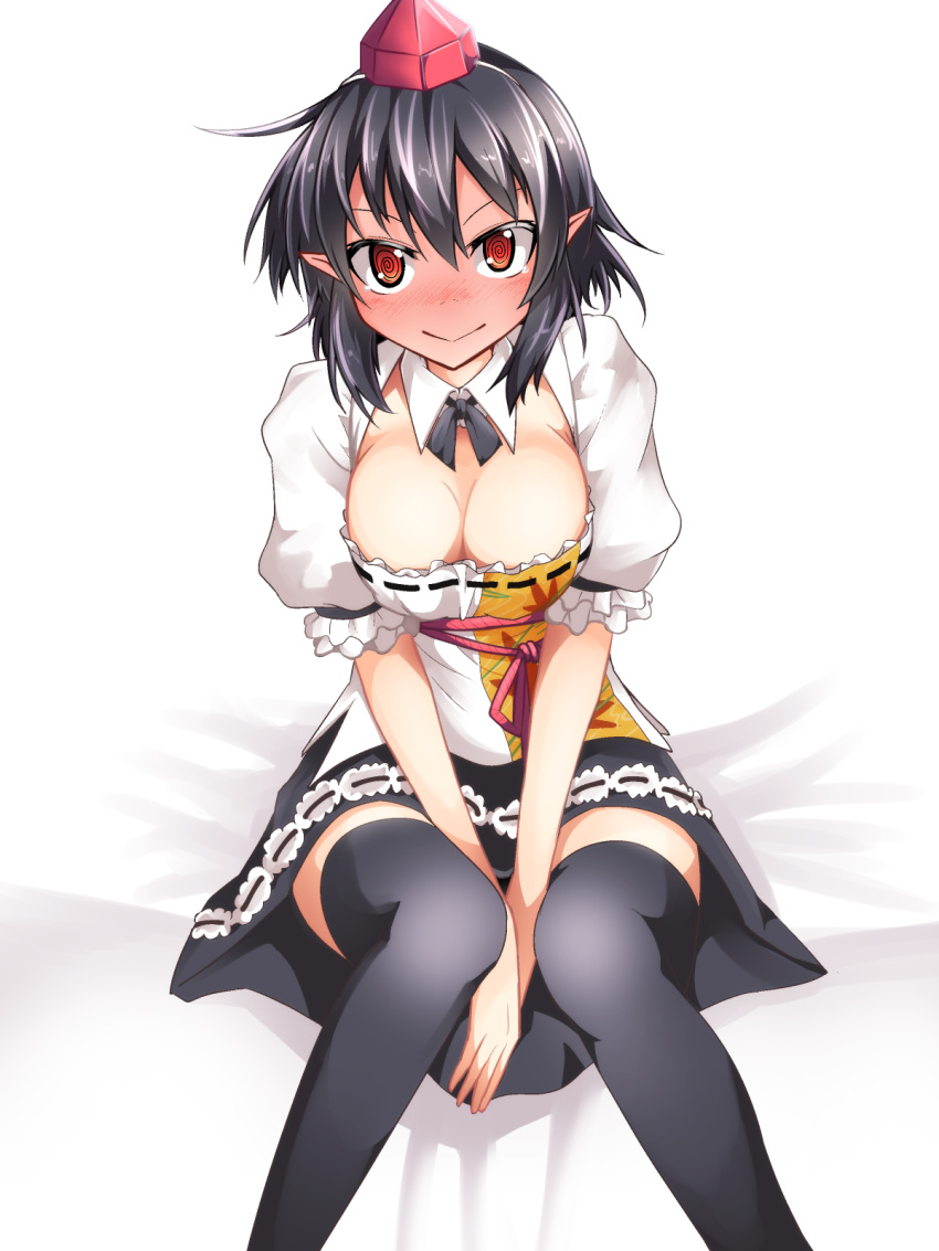 1girl @_@ ashiroku_(miracle_hinacle) bangs between_legs black_hair black_skirt blush breasts cleavage detached_collar full-face_blush hand_between_legs hat highres looking_at_viewer pointy_ears puffy_short_sleeves puffy_sleeves red_eyes shameimaru_aya short_hair short_sleeves sitting skirt smile solo swimsuit thigh-highs tokin_hat touhou v_arms