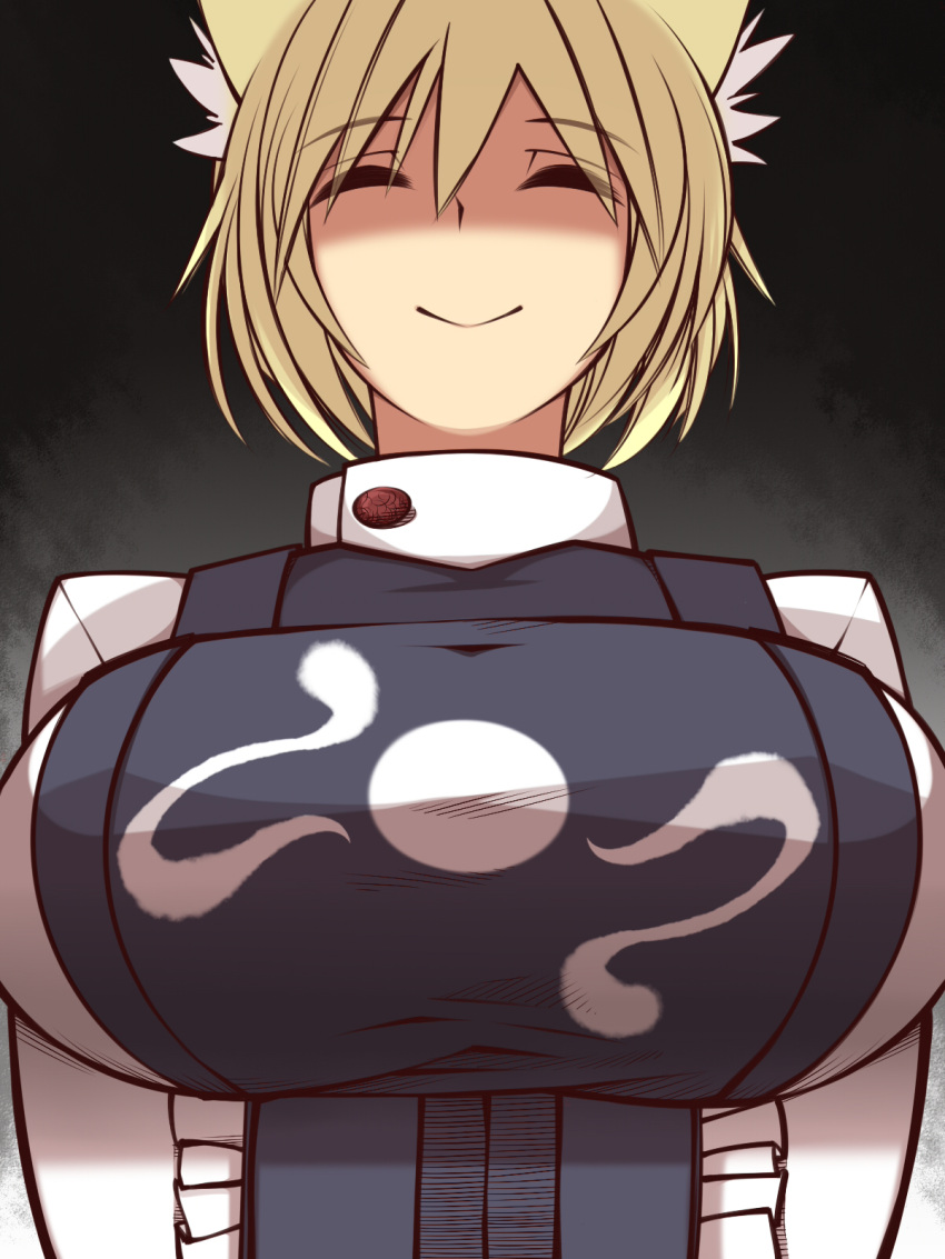 1girl ^_^ animal_ears blonde_hair breasts buttons closed_eyes commentary_request eyebrows_visible_through_hair facing_viewer fox_ears hair_between_eyes hands_in_sleeves high_collar highres huge_breasts long_sleeves no_hat no_headwear shaded_face short_hair smile solo tabard touhou ueda_katsuhito upper_body wide_sleeves yakumo_ran