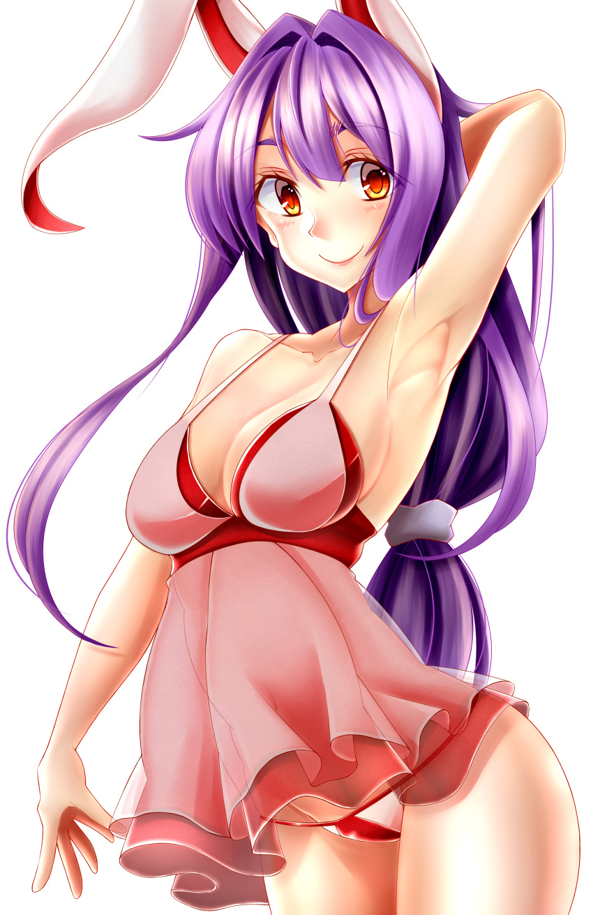 1girl absurdres animal_ears arm_behind_head armpits breasts cleavage cowboy_shot highres hiyo_koiro large_breasts long_hair purple_hair rabbit_ears red_eyes reisen_udongein_inaba simple_background solo touhou white_background