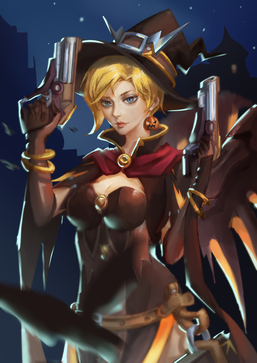 1girl absurdres alternate_costume backlighting bangle blonde_hair blue_background blue_eyes bodice bracelet breasts brooch brown_gloves cleavage dual_wielding earrings elbow_gloves gloves gun halloween_costume handgun hat highres holding holding_gun holding_weapon jack-o'-lantern jack-o'-lantern_earrings jewelry looking_at_viewer mechanical_wings medium_breasts mercy_(overwatch) night nose outdoors overwatch pelvic_curtain pink_lips pistol shintoku short_sleeves solo spread_wings thigh-highs upper_body weapon wings witch witch_hat witch_mercy yellow_wings