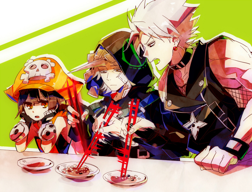 1girl 2boys beans brown_eyes brown_hair chin_rest chipp_zanuff chopsticks collar earrings fingerless_gloves food gloves guilty_gear guilty_gear_xrd hat hood horn jewelry long_hair may_(guilty_gear) motion_blur multiple_boys orange_hat pirate_hat raven_(guilty_gear) red_eyes short_hair silver_hair skull_and_crossbones suzunashi white_hair