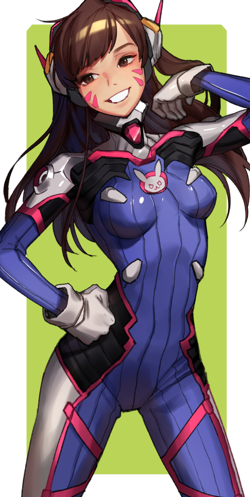 1girl animal_print bangs blue_bodysuit bodysuit breasts brown_eyes brown_hair bunny_print clenched_hand cowboy_shot d.va_(overwatch) facepaint facial_mark gloves green_background grin hair_flip hand_on_hip headphones high_collar highres legs_apart long_hair looking_at_viewer medium_breasts overwatch penguyon pilot_suit ribbed_bodysuit shoulder_pads simple_background skin_tight smile solo swept_bangs whisker_markings white_border white_gloves