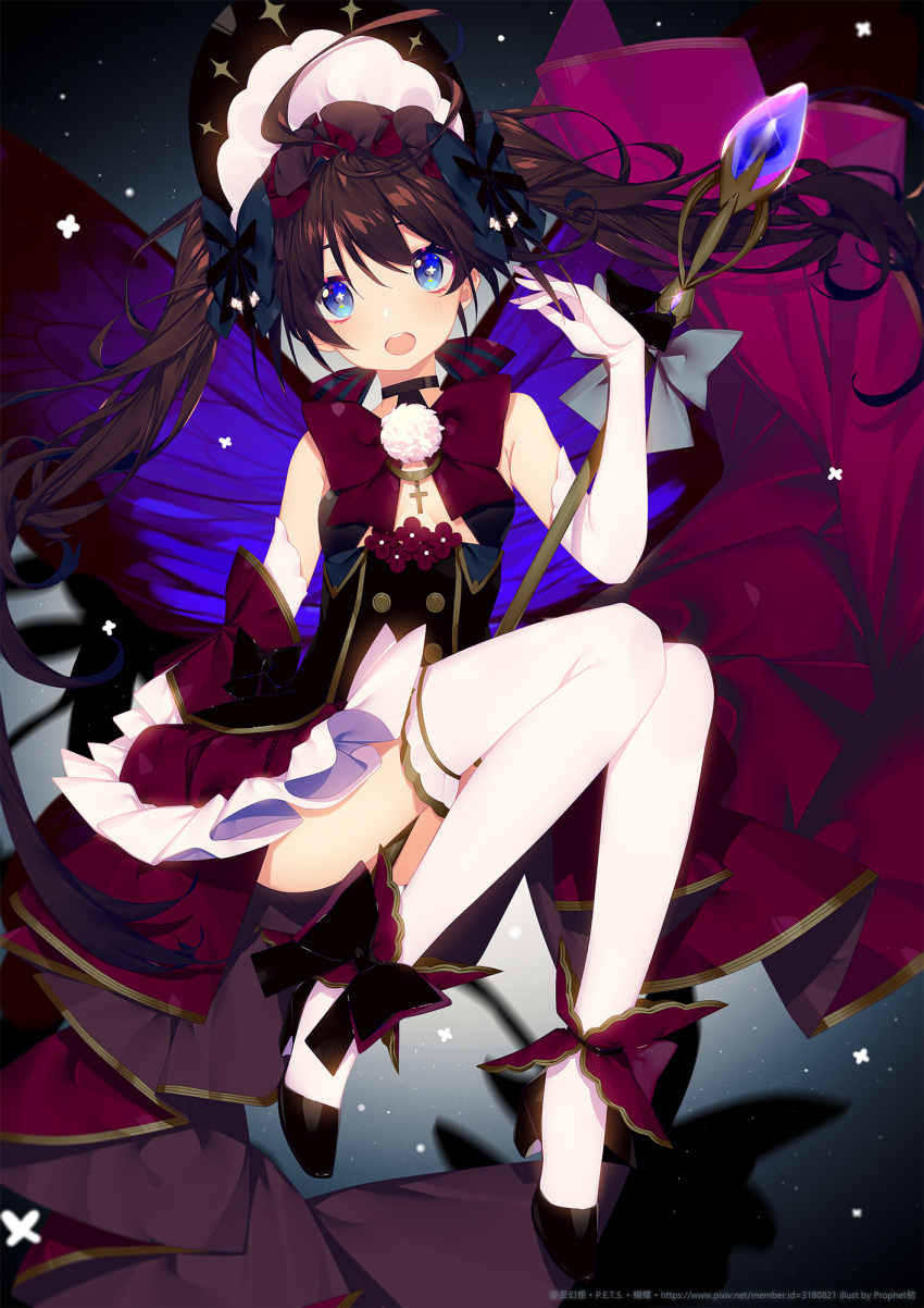 1girl ahoge bangs black_shoes blue_eyes blush brown_hair butterfly_wings copyright_name dress elbow_gloves full_body gloves hand_up headdress highres holding holding_staff knees_together_feet_apart looking_at_viewer nuoya_huanxiang open_mouth prophet_chu purple_dress round_teeth shoes smile solo staff teeth thigh-highs twintails white_gloves white_legwear wings