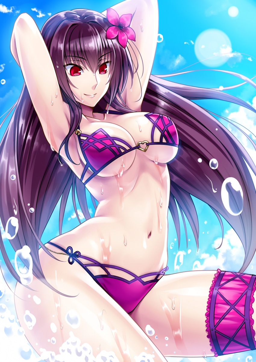 1girl absurdres arched_back arms_behind_head bikini breasts cleavage day fate/grand_order fate_(series) flower hair_flower hair_ornament hibiscus highres imada_kozue large_breasts lens_flare long_hair looking_down navel purple_hair red_eyes scathach_(fate/grand_order) scathach_(swimsuit_assassin)_(fate) sky smile solo swimsuit thigh_strap under_boob very_long_hair water wet