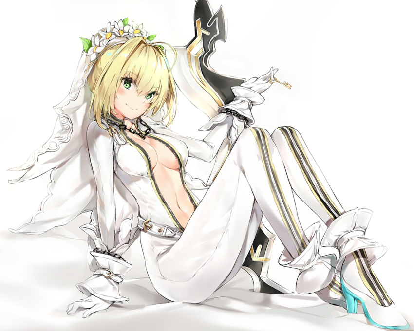10s 1girl aestus_estus bangs blonde_hair blush bodysuit boots breasts chains cleavage closed_mouth commentary_request eyebrows_visible_through_hair fate/extra fate/extra_ccc fate_(series) full_body gloves green_eyes hair_between_eyes hair_intakes hand_up high_heel_boots high_heels holding key looking_at_viewer medium_breasts navel saber_bride saber_extra sidelocks silver_(chenwen) simple_background sitting smile solo unzipped veil white_background white_boots white_gloves