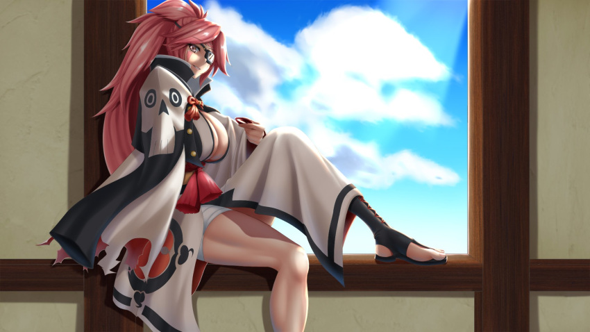 1girl amputee baiken breasts choko_(cup) cleavage clouds commentary_request cup day eyepatch from_side guilty_gear guilty_gear_xrd highres japanese_clothes kimono large_breasts long_hair long_sleeves looking_at_viewer looking_to_the_side obi one-eyed parted_lips pink_hair ponytail sash scar scar_across_eye sitting smile solo sunlight tama_(tamakaka1031) very_long_hair wide_sleeves yellow_eyes